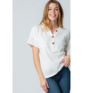 NWT Not so basic white tee, shirt sleeve, ribbed, buttons